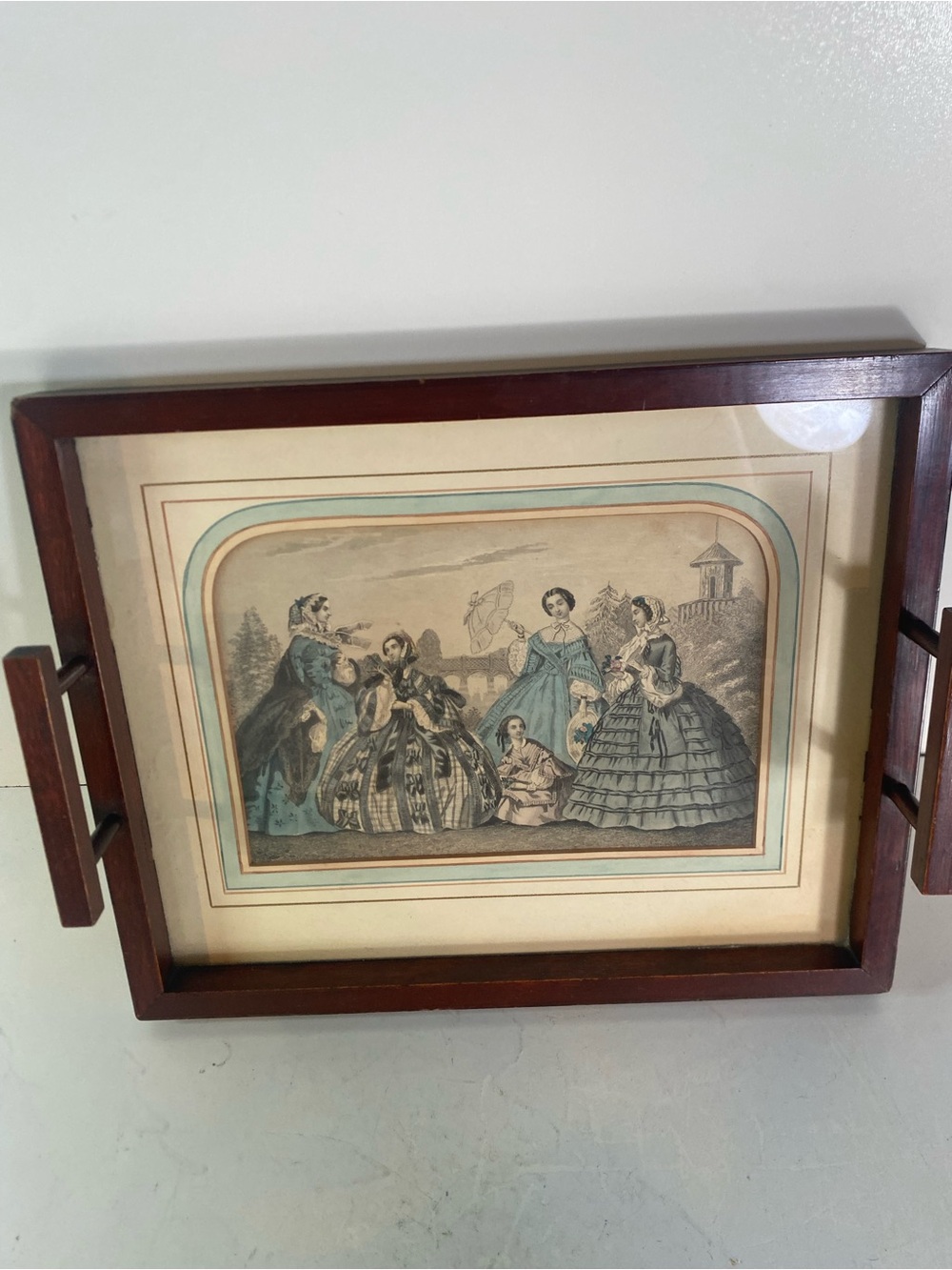 Antique Godey's Lady's Fashions Advertising Print Frame Tray Matted 9”x11”